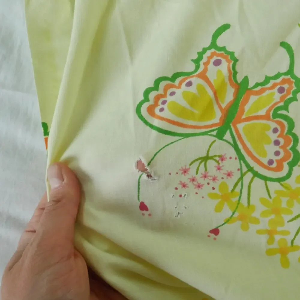 Vintage 70s Queen Sheet‎ Set Yellow Floral Butterflies Marlene Tastemaker Dainty